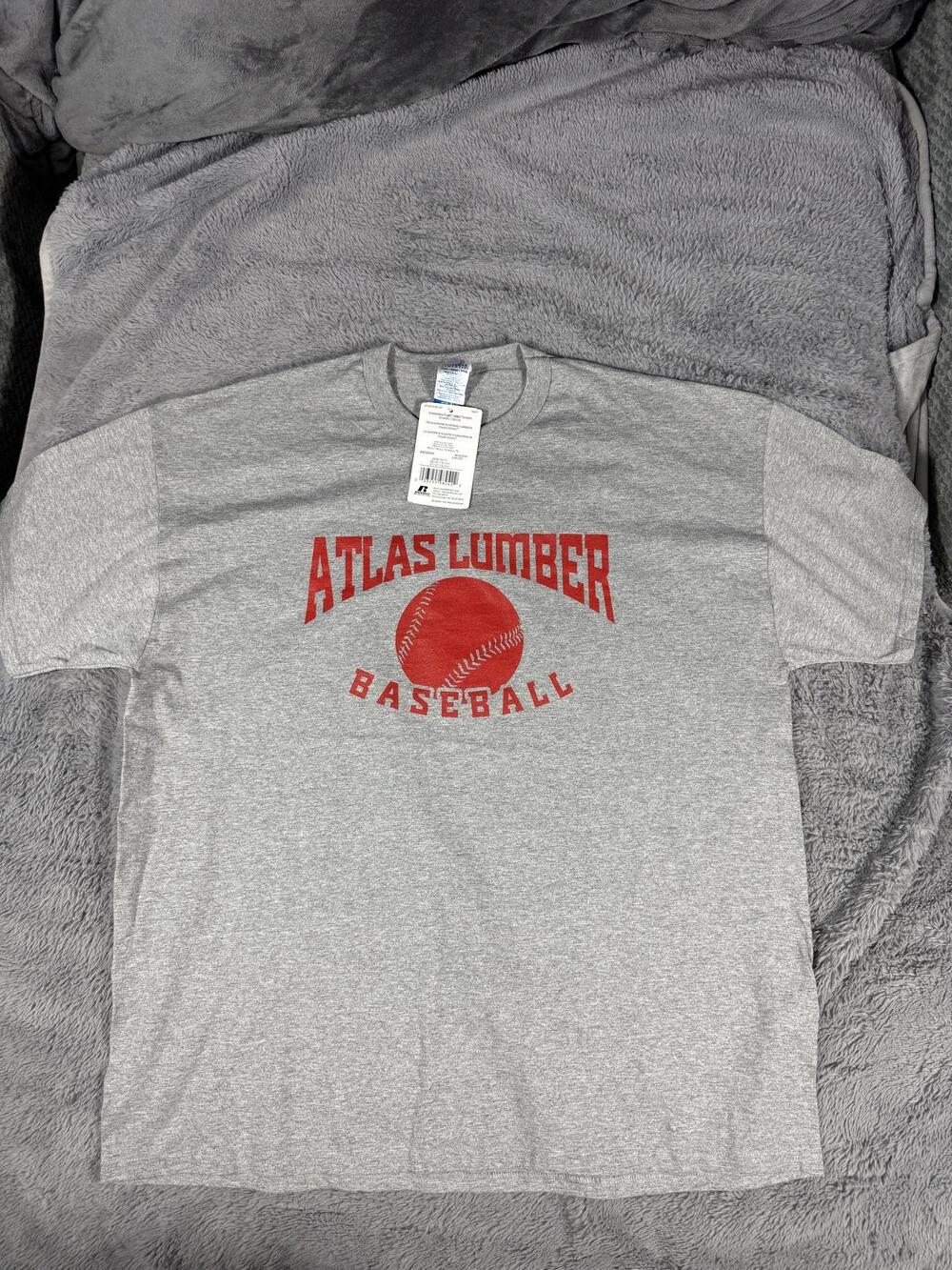 Russell Athletic Shirt Mens 2XL Gray Atlas Lumber Baseball Short Sleeve Tee